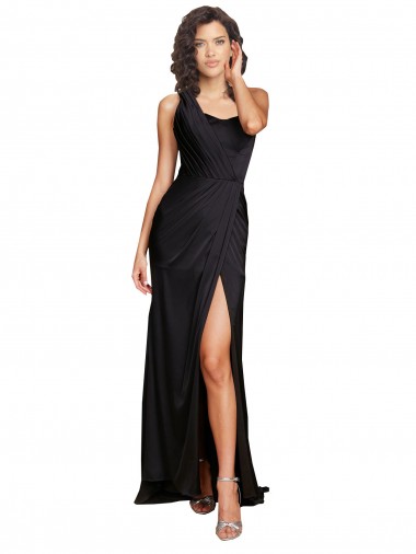 Cheapest Full Length One Shoulder Ruffled Long Silky Satin Prom Dress with High Slit UK