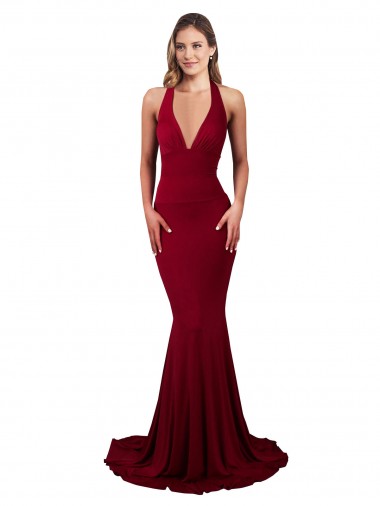 Cheapest Halter Mermaid Plunge V-Neckline Open Back Bow Tie Spandex Prom Dress UK