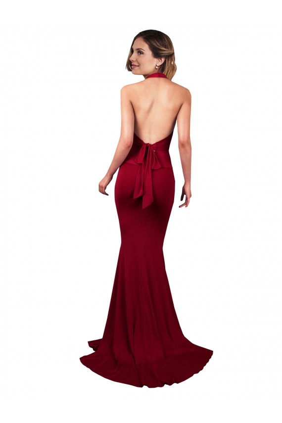 Cheapest Halter Mermaid Plunge V-Neckline Open Back Bow Tie Spandex Prom Dress UK