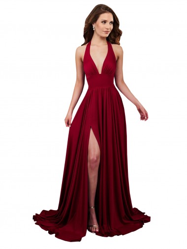 Cheapest A-Line Halter Plunge V-Neckline Open Back Spandex Prom Dress with Slit UK