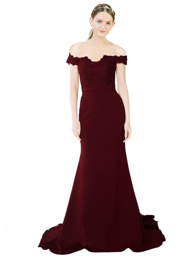 Cheapest Full Length Off the Shoulder Formal Crepe Prom Dress with Lace On Bodice and Back UK