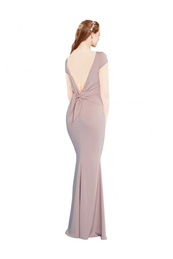 Cheapest Boat Neck Cap Sleeve Crepe Prom Dress with Plunging Tie Back UK