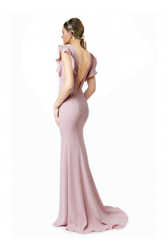 Cheapest Low V-Back Long Mermaid Crepe Prom Dress with Ruffled Sleeves UK