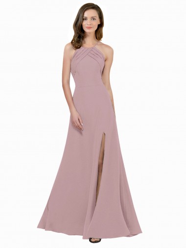 Cheapest High Neck Crepe Prom Dress with Pleats and Keyhole Back UK