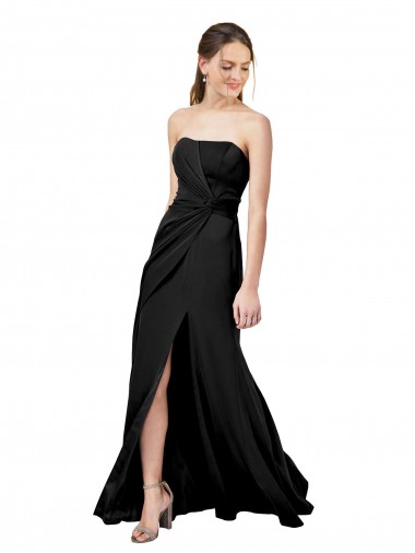 Cheapest Strapless Fit and Flare Long Crepe Prom Dress with Knot and Slit UK