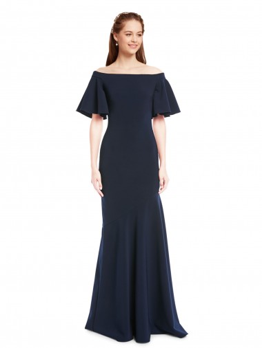 Cheapest Off the Shoulder Crepe Prom Dress with Short Ruffle Sleeves. UK