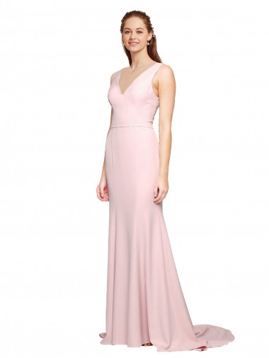 Cheapest Deep V-Neckline and Back Long Sweep Train Crepe Prom Dress with Shoulder Straps UK