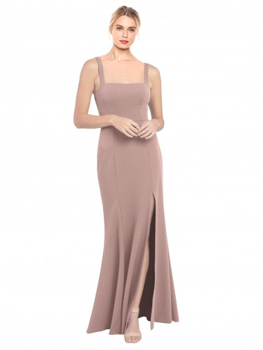 Cheapest Square Neck Fit and Flare Long Stretch Crepe Prom Dress with Side Slit UK