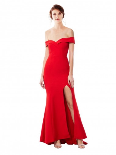 Cheapest Off the Shoulder Sweetheart Maxi Crepe Prom Dress With Thigh Split and Train UK