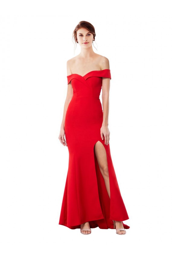 Cheapest Off the Shoulder Sweetheart Maxi Crepe Prom Dress With Thigh Split and Train UK