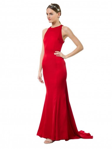 Cheapest High Neck Mermaid Open Back Crepe Maxi Prom Dress with Train Detail UK