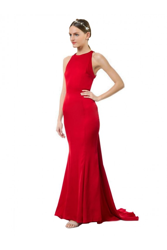 Cheapest High Neck Mermaid Open Back Crepe Maxi Prom Dress with Train Detail UK