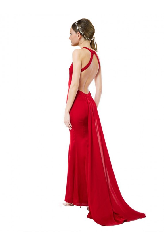 Cheapest High Neck Mermaid Open Back Crepe Maxi Prom Dress with Train Detail UK