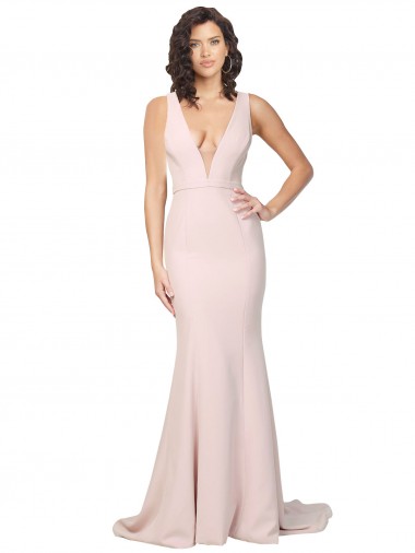 Cheapest Deep Plunging V-Neckline Full Length Crepe Prom Dress with Deep V-Backline UK