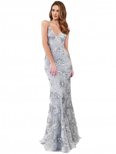 Cheapest Silver V-Neckline Backless Floral Patterned Sequin Prom Dress UK