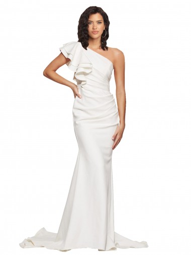 Cheapest Ruched Long Sweep Train Crepe Prom Dress with Shoulder Ruffles UK