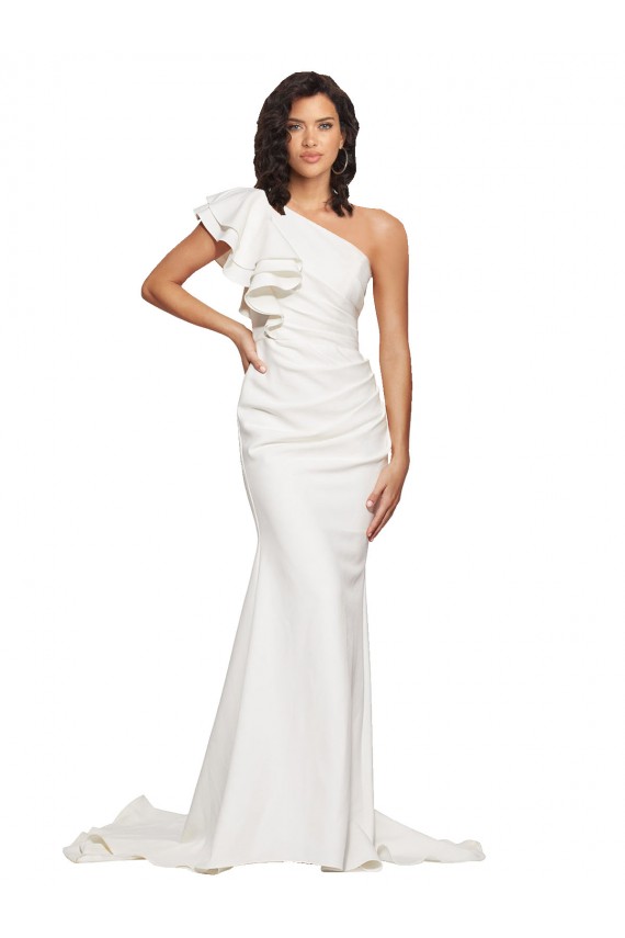 Cheapest Ruched Long Sweep Train Crepe Prom Dress with Shoulder Ruffles UK