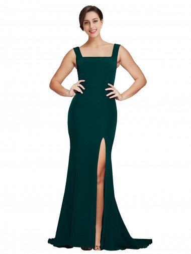 Cheapest Fitted Square Neck Long Crepe Prom Dress with Train and Side Split UK