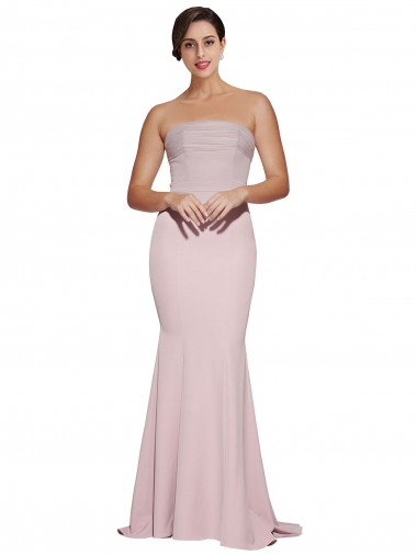 Cheapest Straight Neck Long Strapless Crepe Prom Dress with Soft Tulle Overlay and Small Train UK