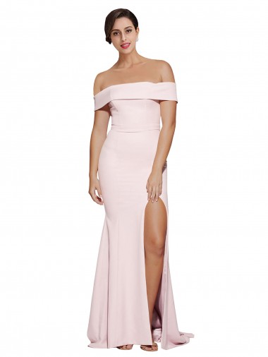 Cheapest Off Shoulder Long Crepe Prom Dress with Straight Neckline and Side Split UK