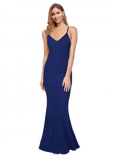 Cheapest Full Length V-Neckline Crepe Prom Dress with Thin Straps and Fulted Skirt UK