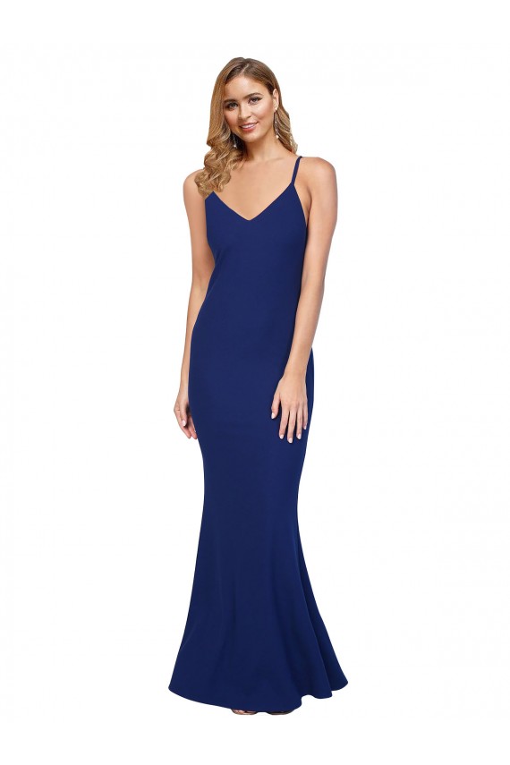 Cheapest Full Length V-Neckline Crepe Prom Dress with Thin Straps and Fulted Skirt UK