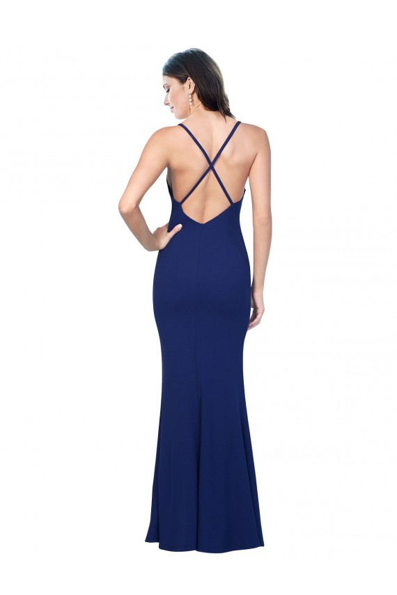 Cheapest Full Length V-Neckline Crepe Prom Dress with Thin Straps and Fulted Skirt UK