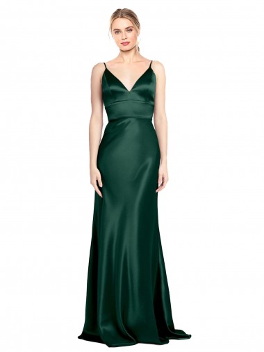 Cheapest High V-Neck Long Full Length Sheath Stretch Satin Prom Dress UK