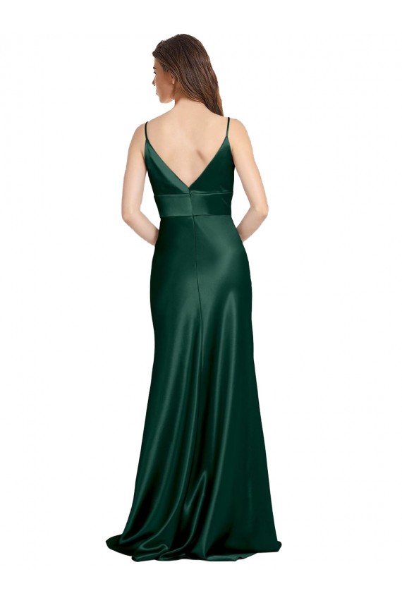 Cheapest High V-Neck Long Full Length Sheath Stretch Satin Prom Dress UK