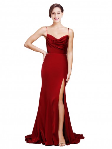 Cheapest Cowl Front Neck Sweep Train Stretch Satin Prom Dress with High Side Split UK