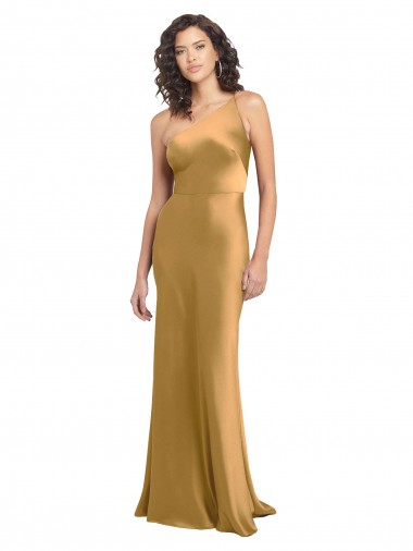 Cheapest One Shoulder Long Floor Length Stretch Satin Slip Prom Dress UK