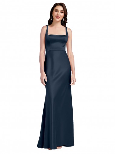 Cheapest Square Neck A-Line Long Stretch Satin Prom Dress with Wide Straps UK