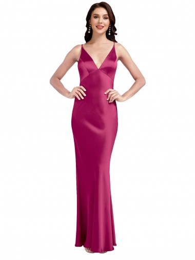 Cheapest V-Neck Spaghetti Straps Slim Stretch Satin Prom Dress with Low Scoop Back UK