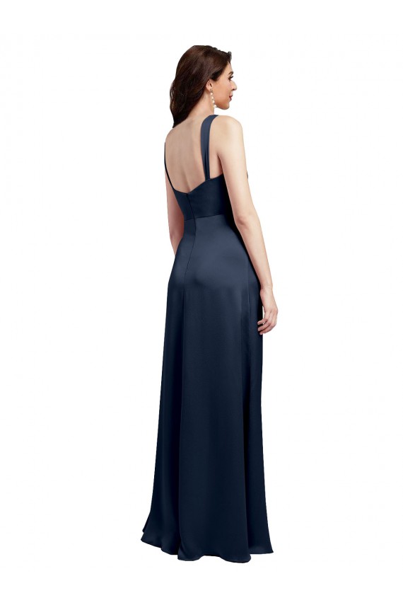 Cheapest Cowl Neck Soft Long Stretch Satin Prom Dress with Side Slit and Pleated Straps UK