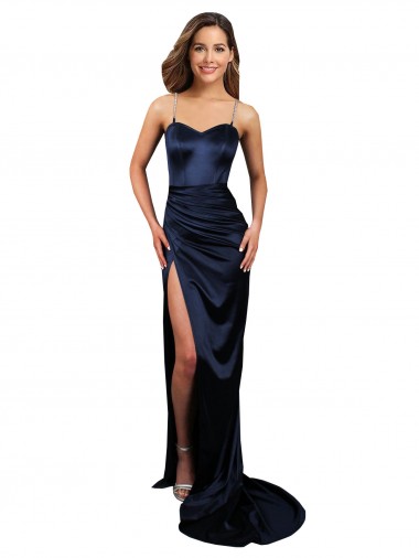 Cheapest Pleated Sash Skirt Long Stretch Satin Prom Dress with High Slit UK