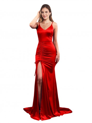 Cheapest Long Pleated Stretch Satin Prom Dress with High Slit UK