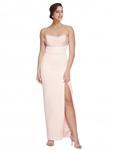 Cheapest Cowl Neck Strapless Stretch Satin Prom Dress with High Split UK