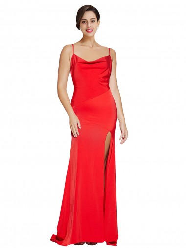 Cheapest Low Back Cowl Neck Stretch Satin Prom Dress with High Side Slit UK