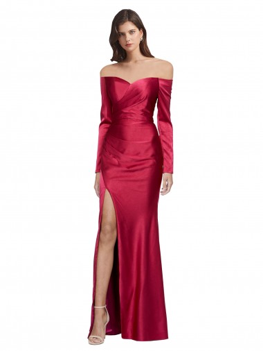 Cheapest Long Sleeves Off the Shoulder Stretch Satin Prom Dress with High Side Split UK