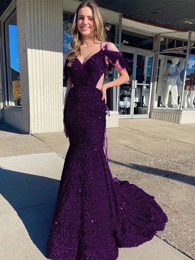 Cheapest Cold Shoulder Sleeveless Long Court Train Velvet Sequin Prom Dress UK