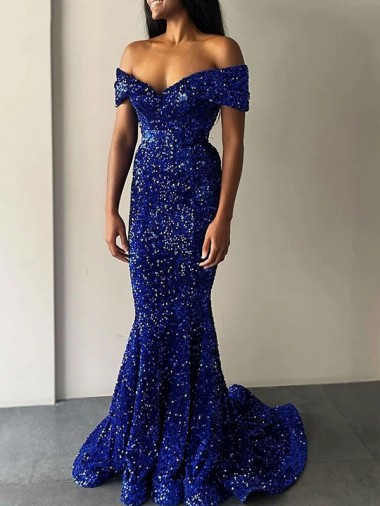 Cheapest Mermaid Off the Shoulder Sleeveless Long Sweep Train Velvet Sequin Prom Dress UK