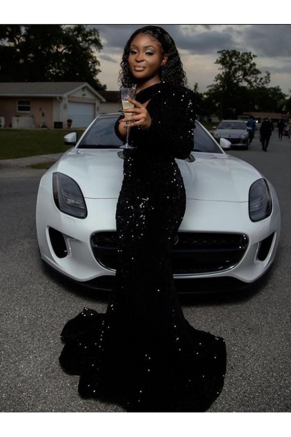 Cheapest One Shoulder Long Sleeves Long Sweep Train Velvet Sequin Prom Dress UK