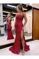 Cheapest Mermaid One Shoulder Sleeveless Long Sweep Train Velvet Sequin Prom Dress with High Slit UK