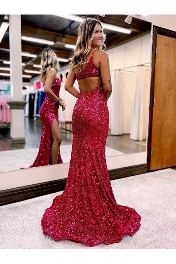 Cheapest Mermaid One Shoulder Sleeveless Long Sweep Train Velvet Sequin Prom Dress with High Slit UK