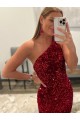 Cheapest Open Back One Shoulder Sleeveless Long Sweep Train Velvet Sequin Prom Dress UK