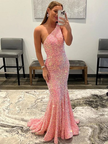 Cheapest Open Back One Shoulder Sleeveless Long Sweep Train Velvet Sequin Prom Dress UK