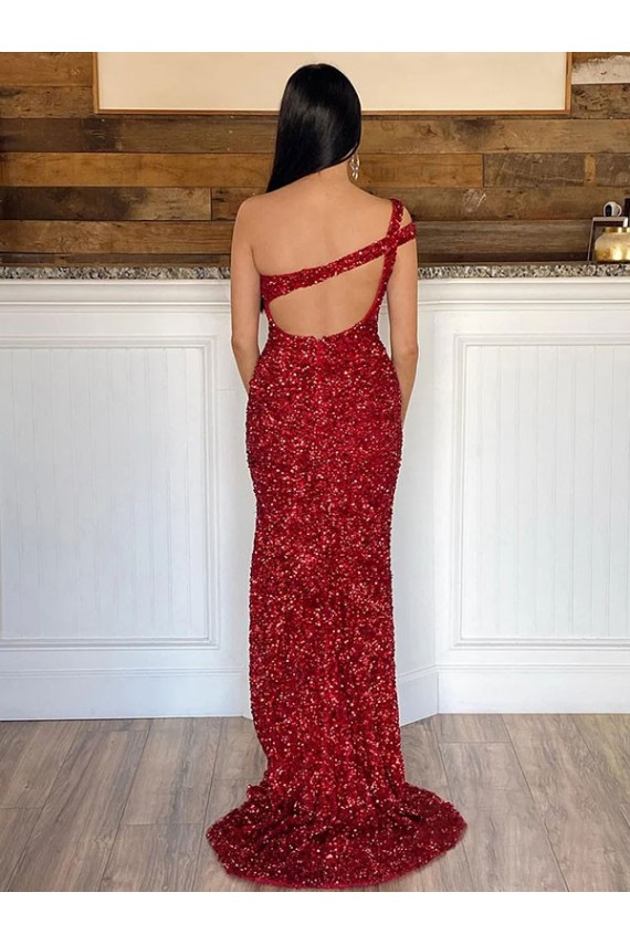 Cheapest One Shoulder Sleeveless Long Sweep Train Velvet Sequin Prom Dress UK