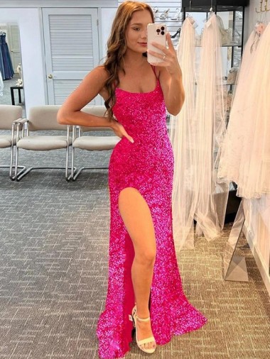 Cheapest Spaghetti Straps Sleeveless Long Velvet Sequin Prom Dress with Slit and Criss Cross Open Back UK