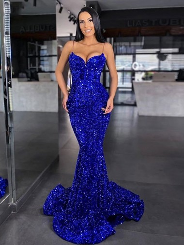 Cheapest Mermaid Spaghetti Straps Sleeveless Long Sweep Train Velvet Sequin Prom Dress UK