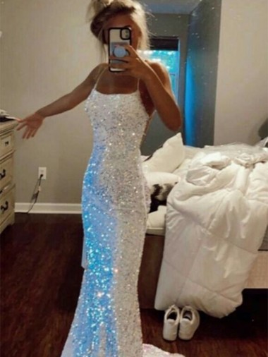 Cheapest Long Spaghetti Straps Sleeveless Sweep Train Velvet Sequin Prom Dress UK